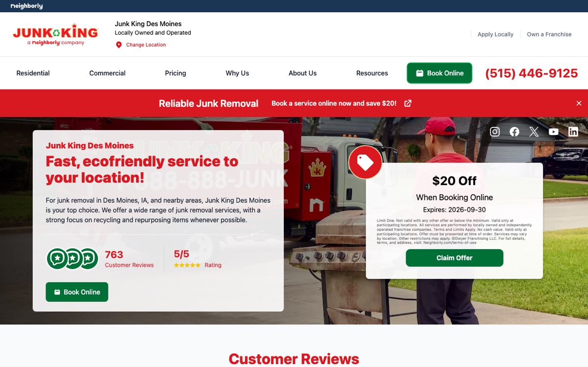 Junk King Des Moines homepage screenshot