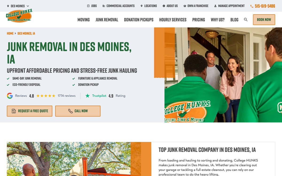 College HUNKS Hauling Junk Des Moines homepage screenshot