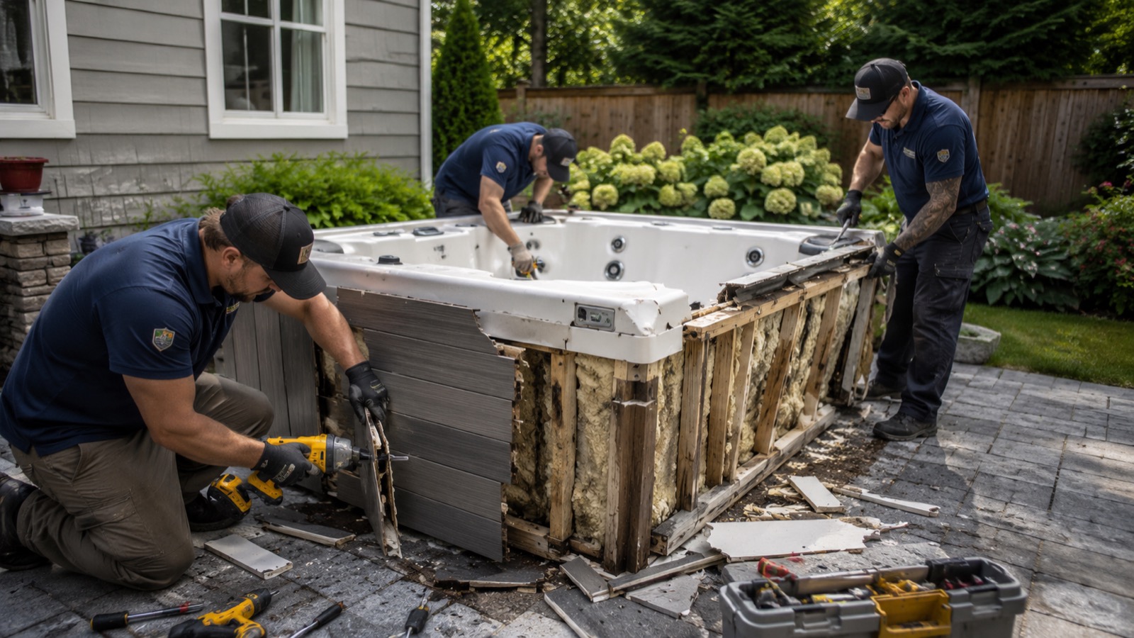 Hot tub removal Des Moines crew dismantling spa for haul-away